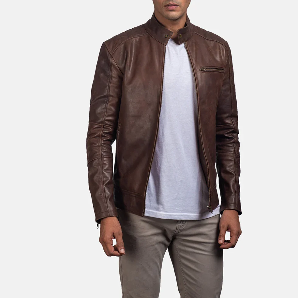 Dean Brown Leather Biker Jacket with premium brown leather, asymmetric zipper, lapel collar, and zippered cuffs for classic biker style.
