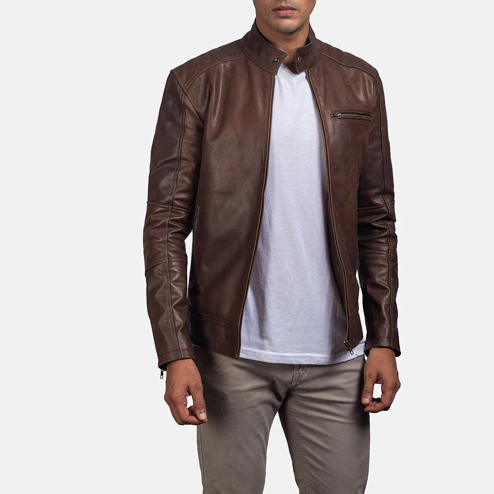 Dean Brown Leather Biker Jacket with premium brown leather, asymmetric zipper, lapel collar, and zippered cuffs for classic biker style.