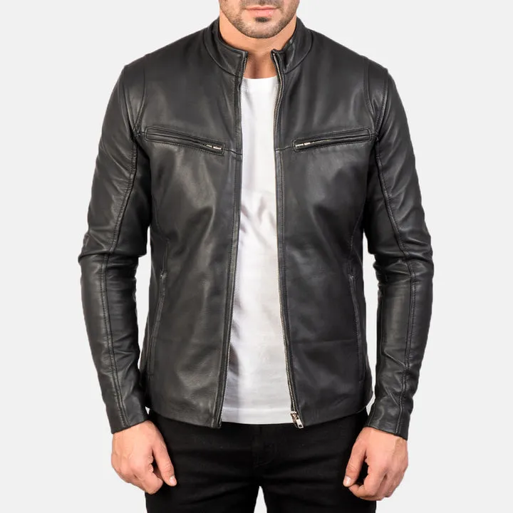 Ionic Black Leather Jacket with premium black leather, zip-front closure, ribbed cuffs, structured shoulders, and multiple functional pockets.