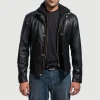 Highschool Black Hooded Leather Jacket with premium black leather, hood, ribbed cuffs, and functional pockets for modern urban style.