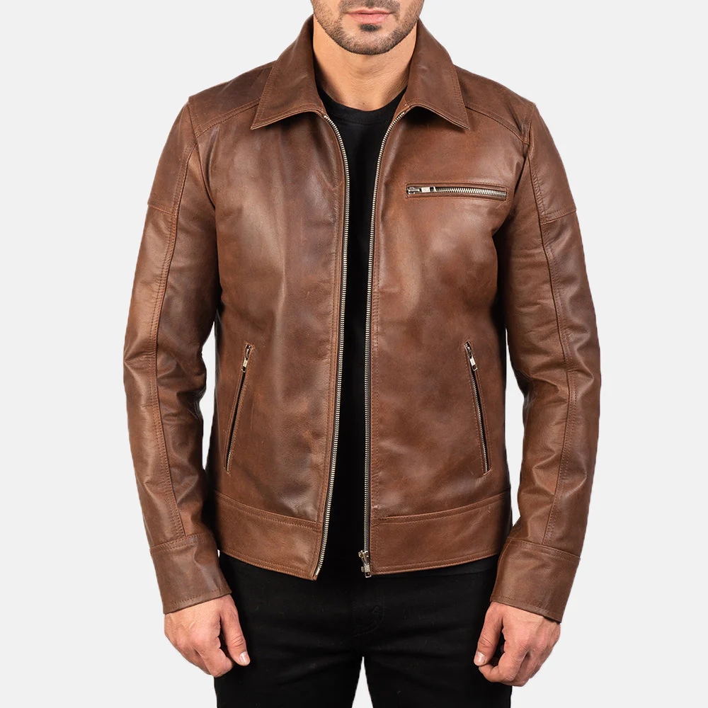“Lavendard Brown Leather Biker Jacket with premium brown leather, asymmetric zipper, snap lapels, and classic biker styling.”