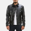The Ultimate Ranchson Black Leather Shirt features premium black leather, button-down front, structured collar, and long sleeves with cuffs. Rugged, versatile, and stylish for urban outfits.