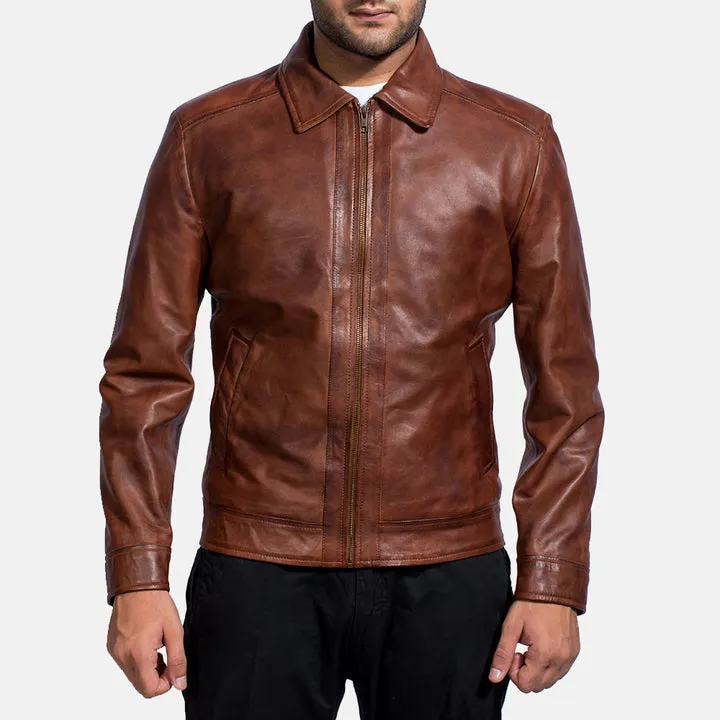 Inferno Brown Leather Jacket with premium brown leather, zipper closure, structured shoulders, and multiple functional pockets for rugged style.