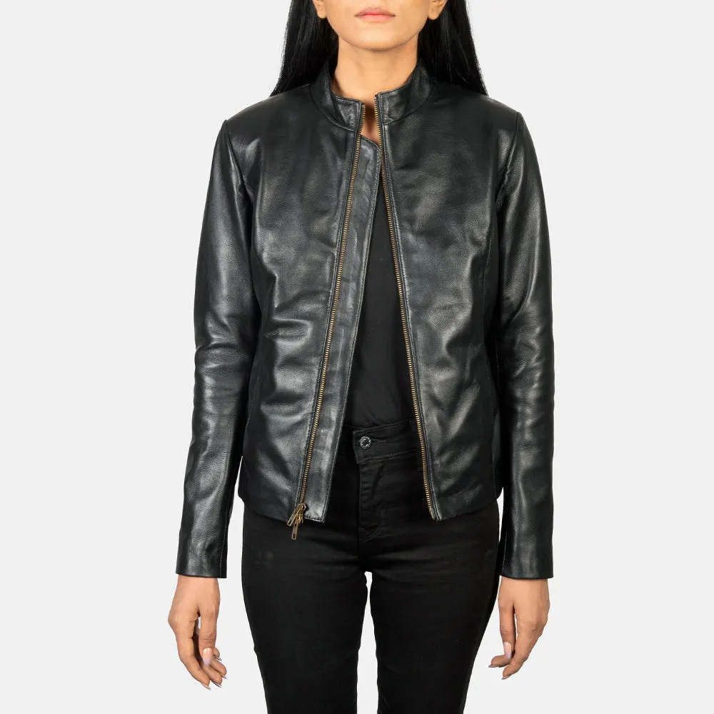 Rumella Black Leather Biker Jacket – front view showing smooth black leather, asymmetrical zipper and sharp biker silhouette