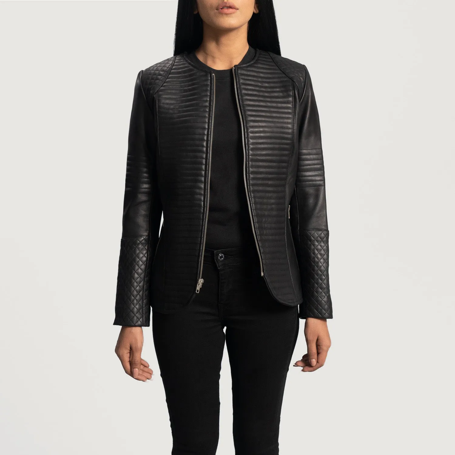 Nexi Quilted Black Leather Jacket – front view showing diamond-quilted black leather, tailored silhouette and clean lines
