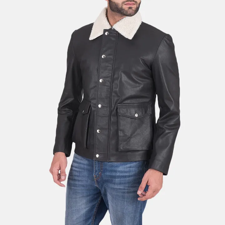 Snow Cole Black Leather Jacket – front view showing smooth black leather, tailored silhouette and clean lines