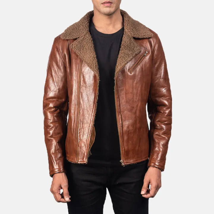 Alberto Shearling Brown Leather Jacket – front view showing rich brown leather, plush shearling collar and classic aviator silhouette