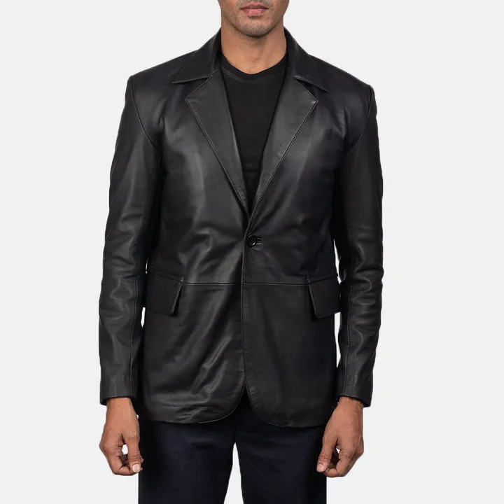Daron Black Leather Blazer with premium black leather, structured fit, notch lapels, button-front closure, and functional pockets for elegant style.