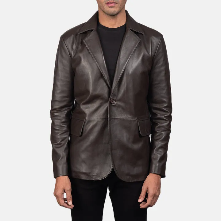 “Daron Brown Leather Blazer with premium brown leather, structured fit, notch lapels, button-front closure, and functional pockets for elegant style.