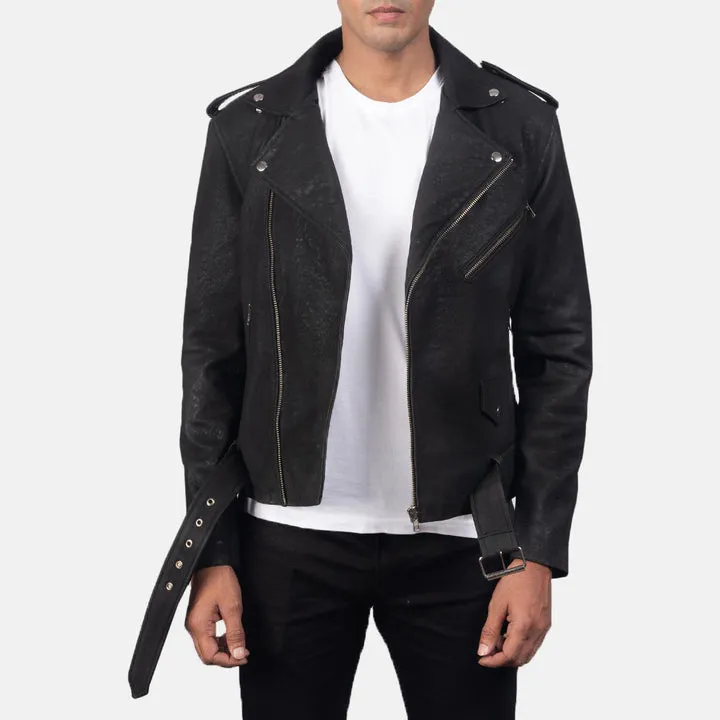 Furton Distressed Black Leather Biker Jacket – front view showing distressed black leather, asymmetrical zipper and rugged biker silhouette