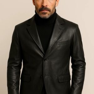 Alyson Black Leather Blazer – front view showing tailored fit, genuine black leather and structured shoulders