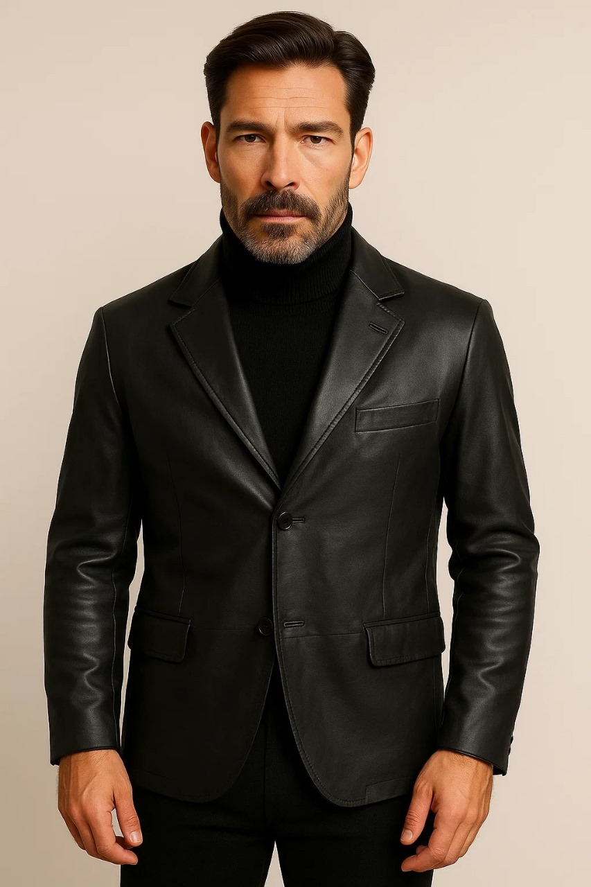 Alyson Black Leather Blazer – front view showing tailored fit, genuine black leather and structured shoulders