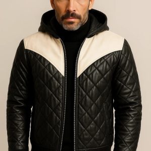 “Norman Black Hooded Bomber Leather Puffer Jacket made from premium black leather with insulated puffer design and hood”