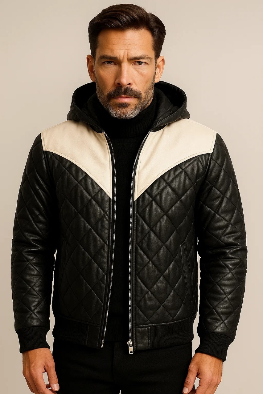 “Norman Black Hooded Bomber Leather Puffer Jacket made from premium black leather with insulated puffer design and hood”