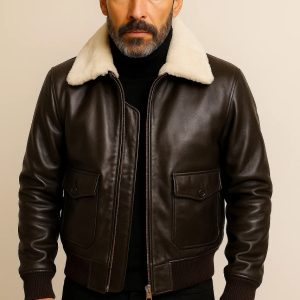 Airin G-1 Brown Leather Bomber Jacket – front view showing rich brown leather, mouton fur collar and classic naval bomber silhouette