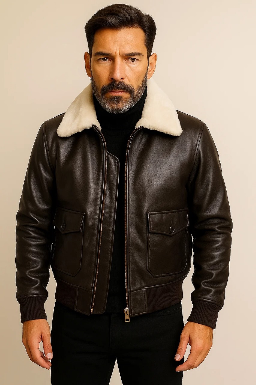Airin G-1 Brown Leather Bomber Jacket – front view showing rich brown leather, mouton fur collar and classic naval bomber silhouette