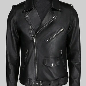 Furton Black Leather Biker Jacket