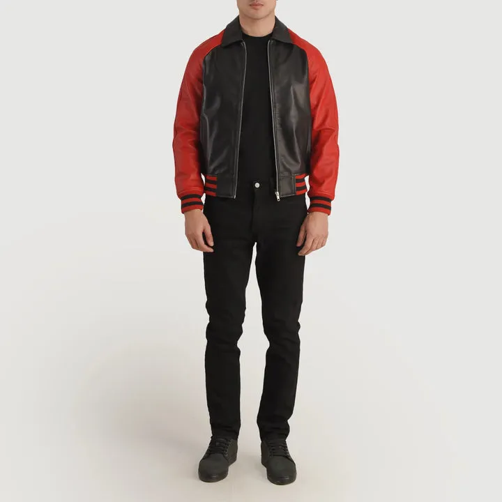 Walton Black & Red Leather Varsity Jacket with black wool body, red leather sleeves, ribbed trims, and classic varsity design.