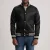 Xander Black Varsity Jacket – front view showing black wool body, contrasting leather sleeves and ribbed collar
