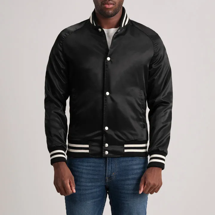 Xander Black Varsity Jacket – front view showing black wool body, contrasting leather sleeves and ribbed collar