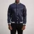 Xander Blue Varsity Jacket – front view showing blue wool body, contrasting leather sleeves and ribbed collar
