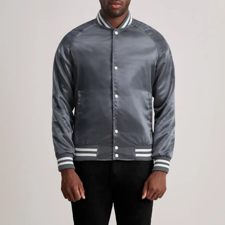 “Xander Grey Varsity Jacket with grey wool body, leather sleeves, ribbed trims, and classic varsity styling.”