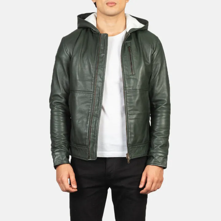 “Baston Green Hooded Leather Bomber Jacket with premium green leather, detachable hood, ribbed cuffs, full front zipper, and modern bomber silhouette.”