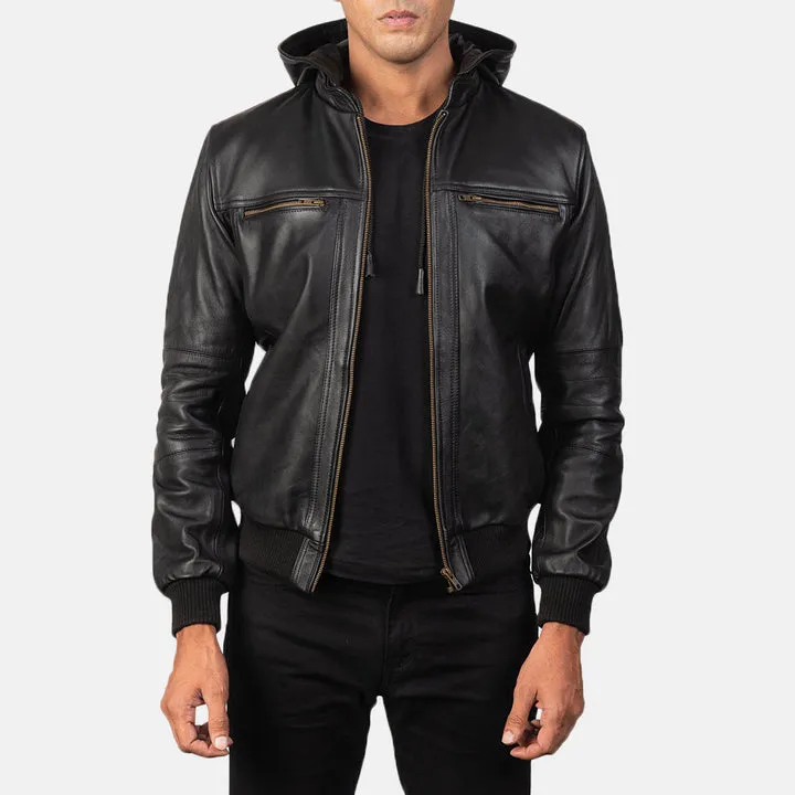 Black leather bomber jacket with ribbed cuffs, ribbed hem, full front zipper, and soft lining.