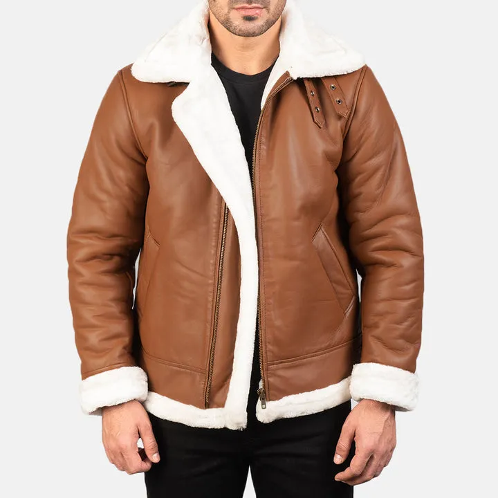 Francis B-3 Brown Leather Bomber Jacket – front view showing rich brown leather, plush shearling collar and classic bomber silhouette