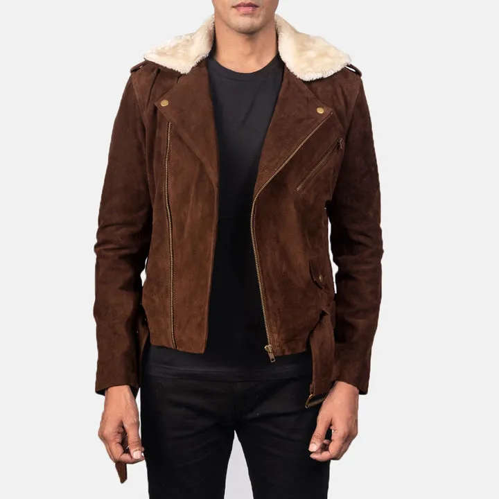 Furton Mocha Suede Biker Jacket – front view showing soft mocha suede, asymmetrical zipper and biker silhouette