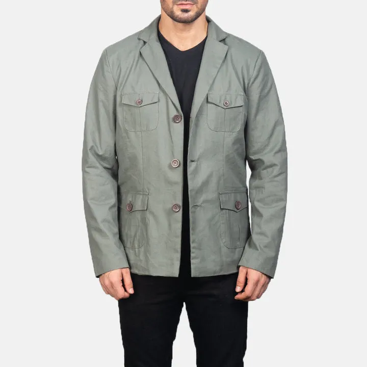Kajetan Grey Safari Jacket – front view showing genuine grey leather, multiple flap pockets and tailored safari silhouette