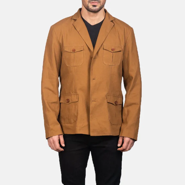 Kajetan Khaki Safari Jacket with premium khaki fabric, multiple utility pockets, adjustable waist and cuffs, and breathable lining for rugged style.
