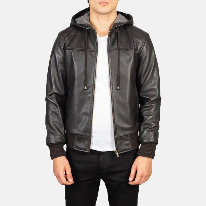 Brown hooded leather bomber jacket with ribbed trims, full zipper, and soft inner lining.
