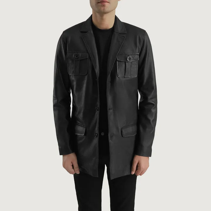 Ray Cutler Black Leather Blazer – front view showing tailored fit, genuine black leather and structured shoulders