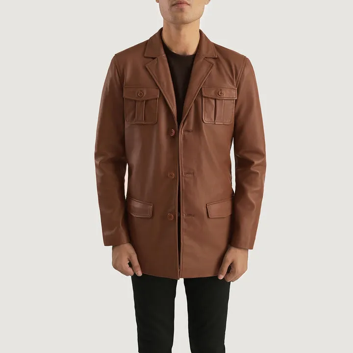 Ray Cutler Brown Leather Blazer – front view showing tailored fit, genuine brown leather and structured shoulders