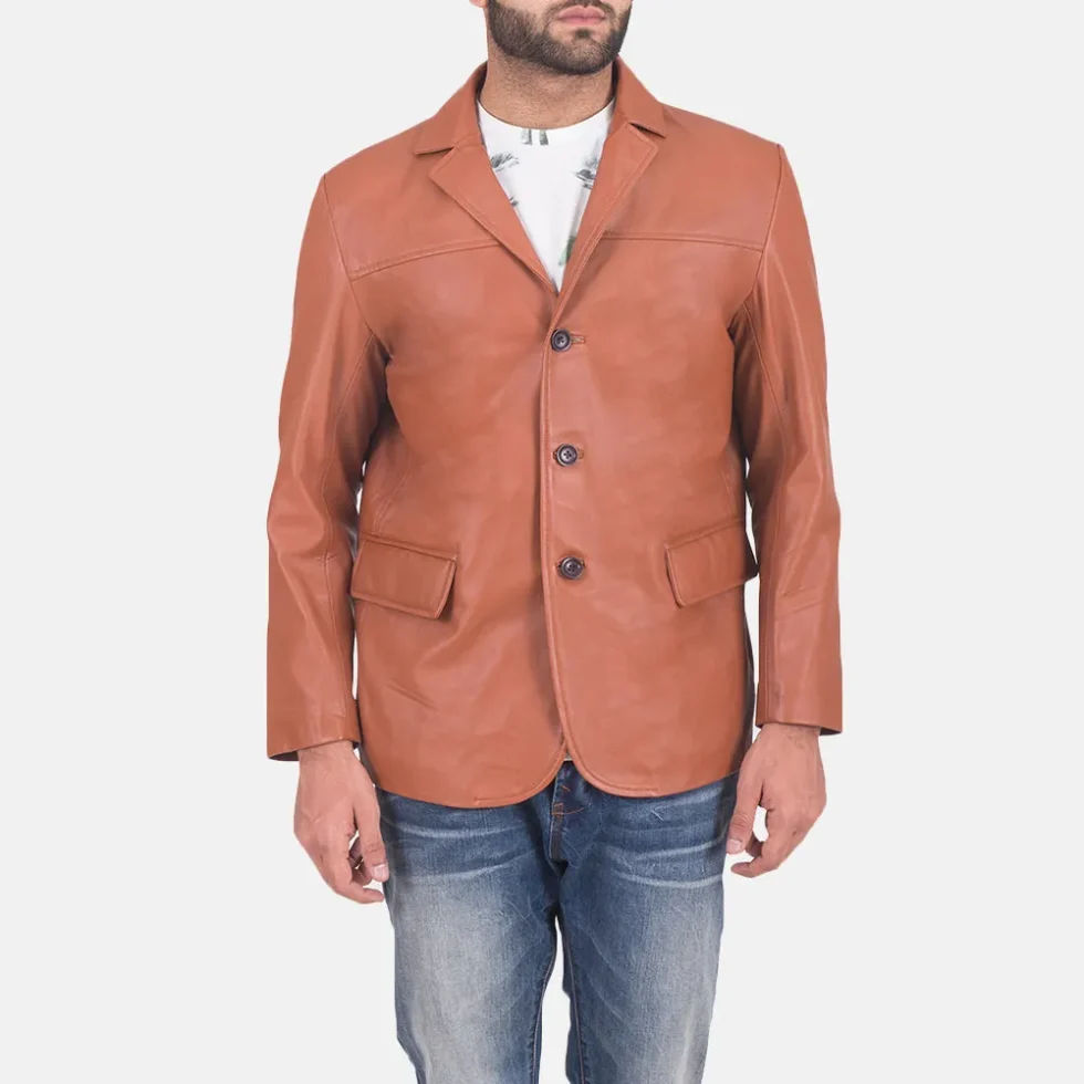 James Tan Brown Leather Blazer – front view showing tailored fit, genuine tan brown leather and structured shoulders