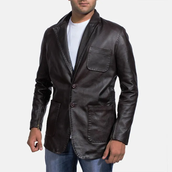 “Wine Black Leather Blazer with premium black leather, structured fit, notch lapels, button-front closure, and functional pockets for sophisticated style.”