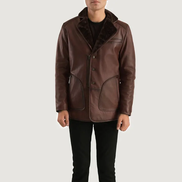 Rocky Brown Fur Leather Coat – front view showing rich brown leather, plush fur collar and full-length silhouette