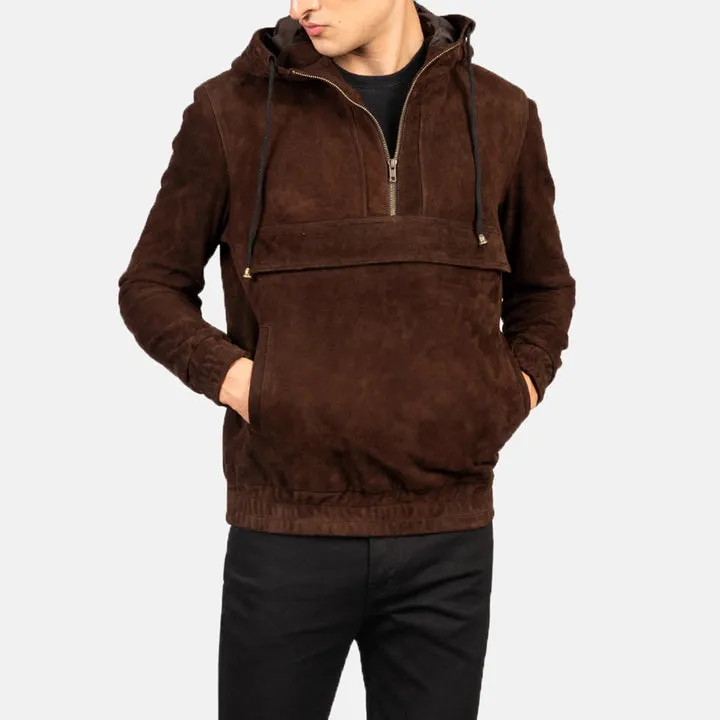 “Kenton Hooded Mocha Suede Pullover Jacket with mocha suede texture, half-zip front, hood, and modern pullover silhouette.”