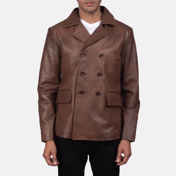 Mr Bailey Brown Leather Naval Peacoat – front view showing double-breasted closure, rich brown genuine leather and structured naval silhouette