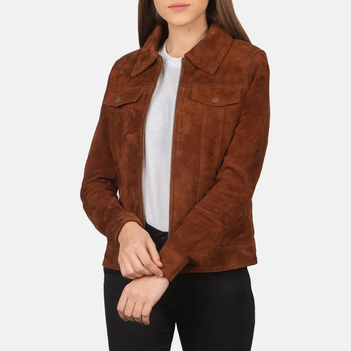 Suzy Brown Suede Trucker Jacket – front view showing soft brown suede, classic trucker silhouette and dual chest pockets