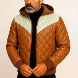 “Norman Tan Hooded Bomber Leather Puffer Jacket made from premium tan leather with insulated puffer design and hood”