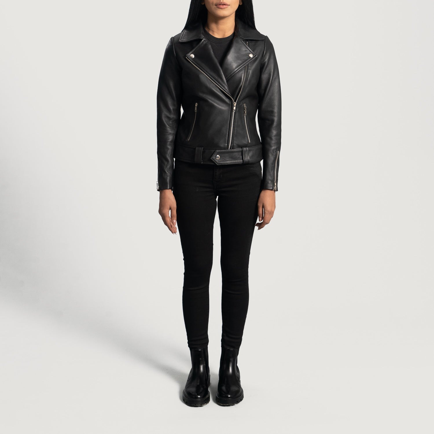Rumy Black Leather Biker Jacket – front view showing smooth black leather, asymmetrical zipper and sharp biker silhouette