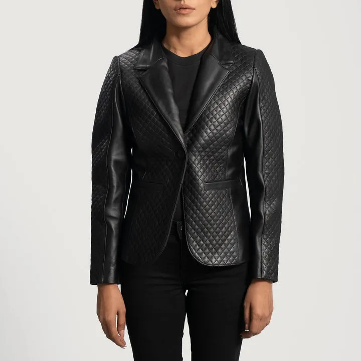 “Cora Quilted Black Leather Blazer with premium black leather, quilted panels, structured fit, notch lapels, button-front closure, and functional pockets.”