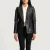 “Selina Black Leather Blazer with premium black leather, structured fit, notch lapels, button-front closure, and functional pockets for polished style.”