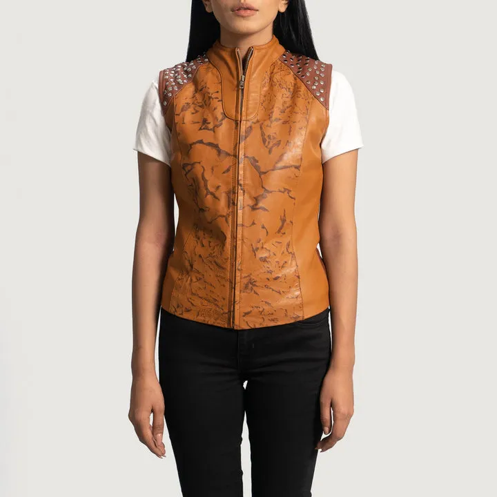 “Westina Tan Dye Leather Vest with premium tan-dyed leather, zip-front closure, snap collar, adjustable side straps, and functional pockets for rugged style.”