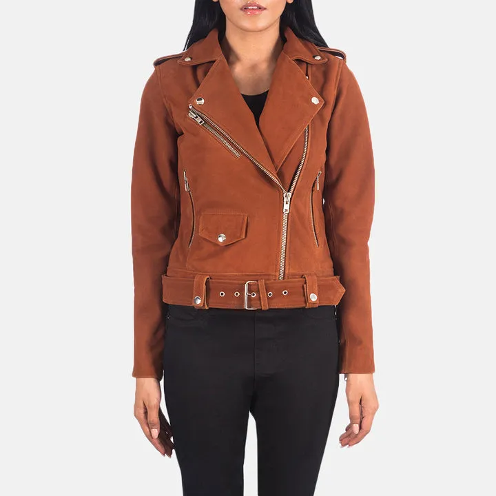 Alison Brown Suede Biker Jacket with premium brown suede, asymmetric zipper, zippered cuffs, adjustable waist, and multiple functional pockets.”