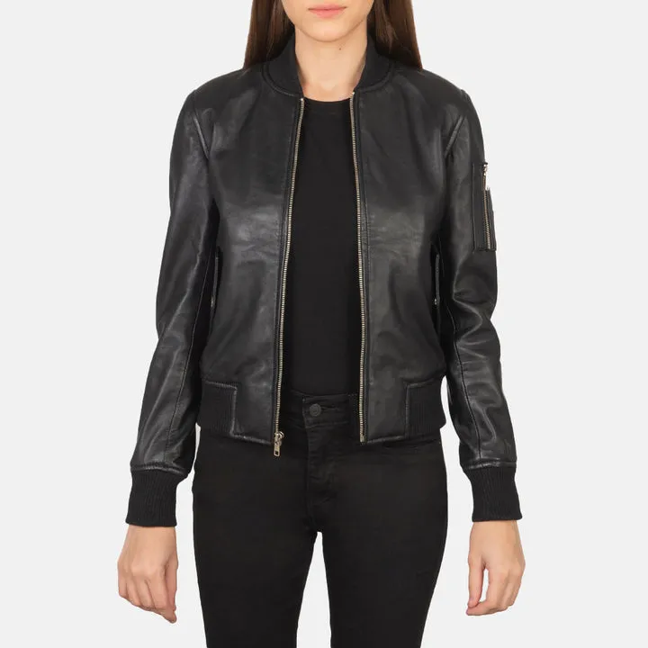 Ava Ma-1 Black Leather Bomber Jacket – front view showing smooth black leather, classic bomber silhouette and ribbed cuffs
