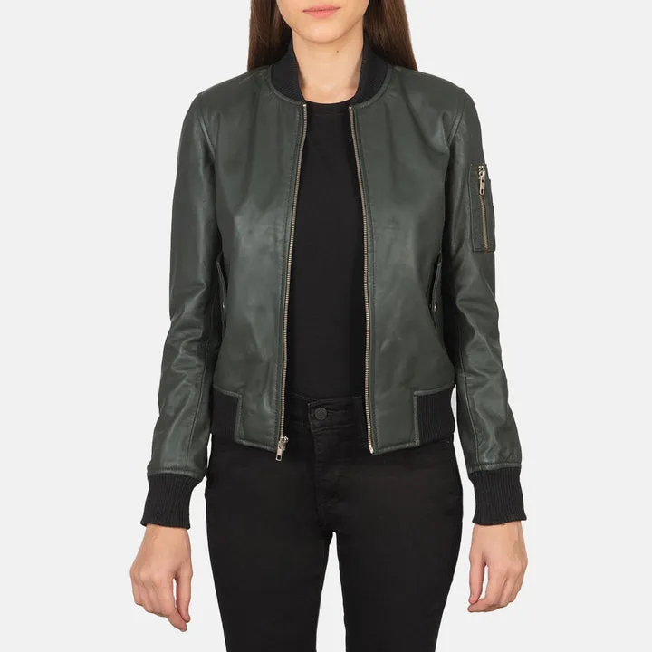 Ava Ma-1 Green Leather Bomber Jacket – front view showing rich green leather, classic bomber silhouette and ribbed cuffs