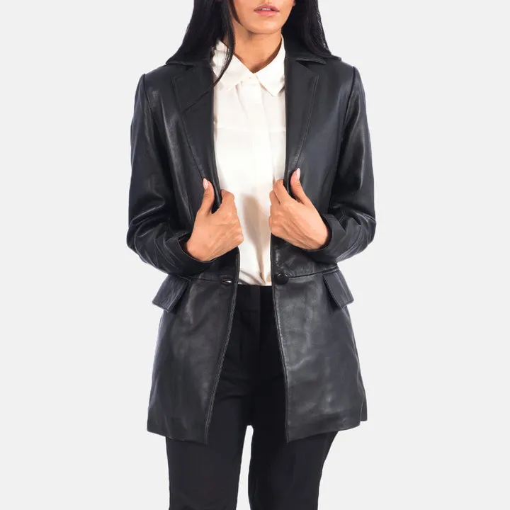 “Marilyn Black Leather Blazer with premium black leather, structured fit, notch lapels, button-front closure, and functional pockets for chic style.”